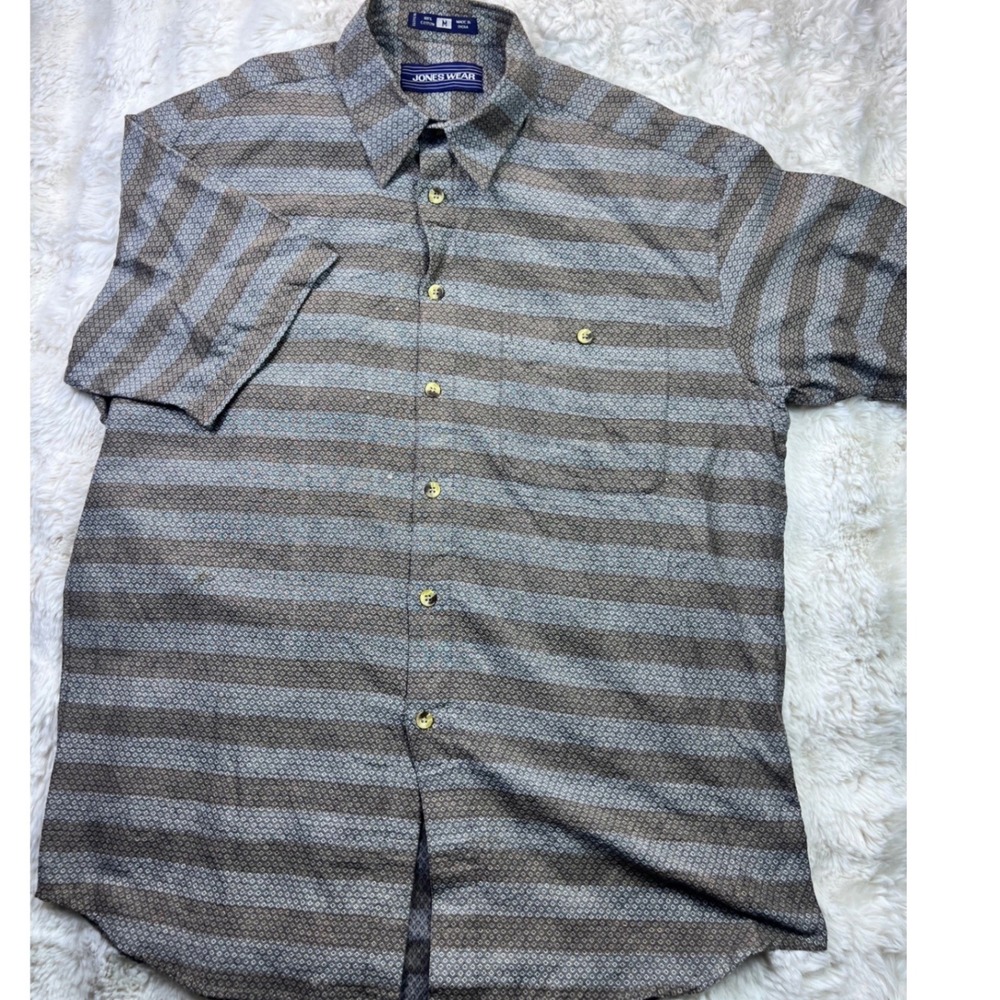 Jones Wear Mens Medium Brown Grey Geometric Striped Short Sleeve Button  A37
